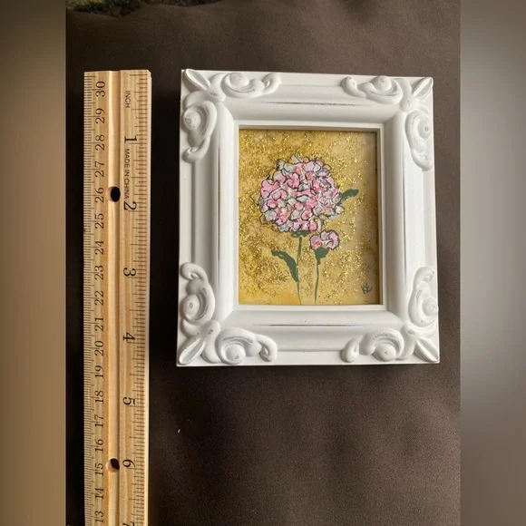 Original flower acrylic painting, abstract. Ornate White Frame  4x4.25 inches - Picture 10 of 11